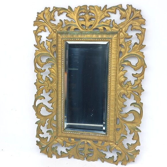 Vintage Cast Iron Ornate Rectangular Wall Mirror With Leaf Design 9.75" X 13.75"